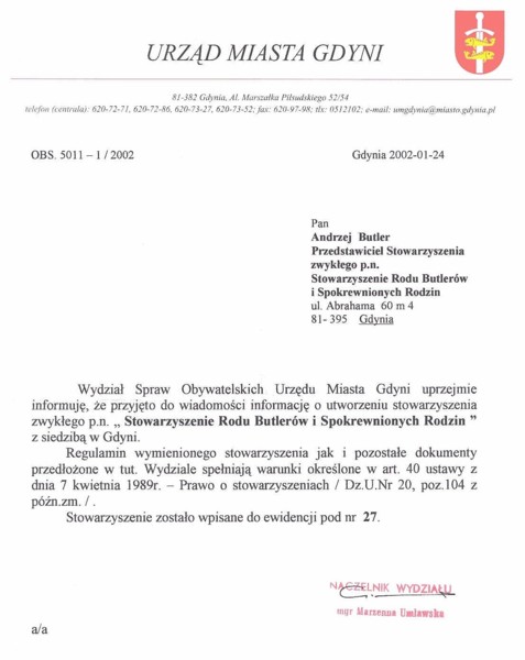 Kopia aktu założycielskiego Stowarzyszenia Butlerów i Rodzin Spokrewnionych z dnia 24-01-2002 Gdynia